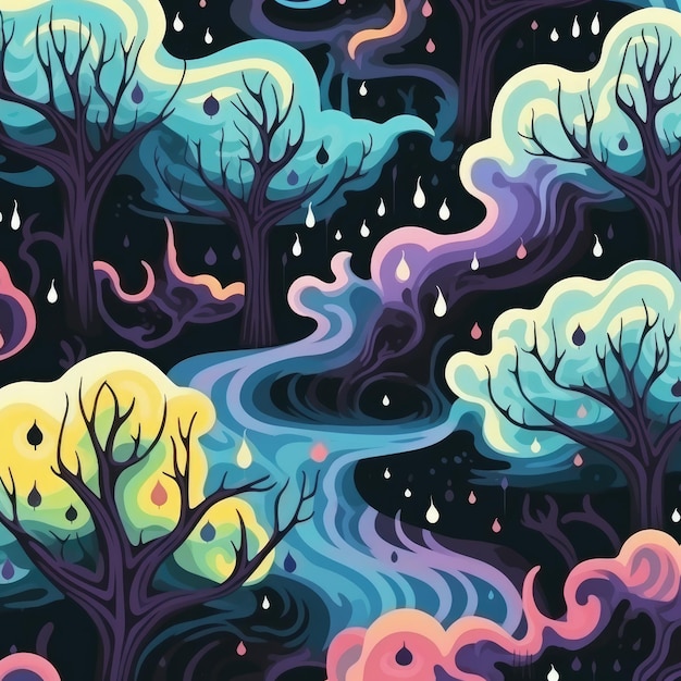Spooky trees and swirling mists seamless colorful pattern