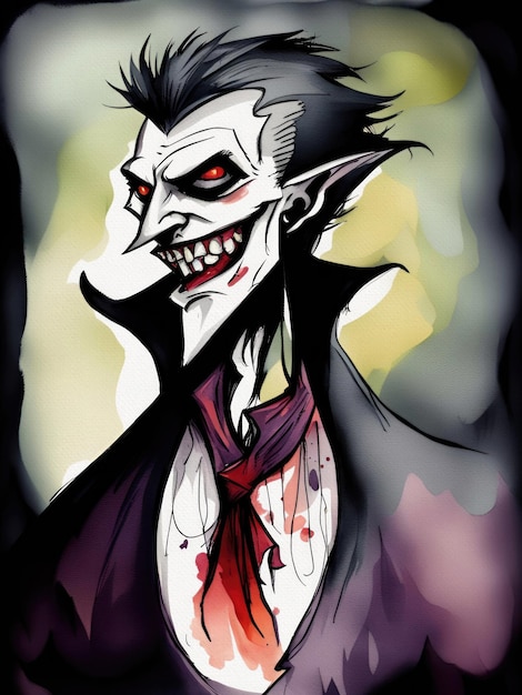 Spooky Vampire Cartoon Character Illustration Dracula Watercolor Painting