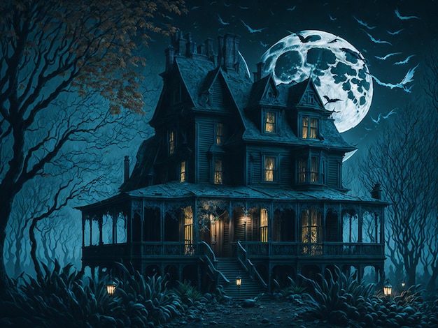 Spooky Vampire Manor with full moon