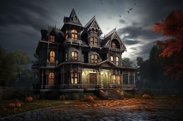 Spooky Victorian house designed for Halloween in the United States Halloween Background