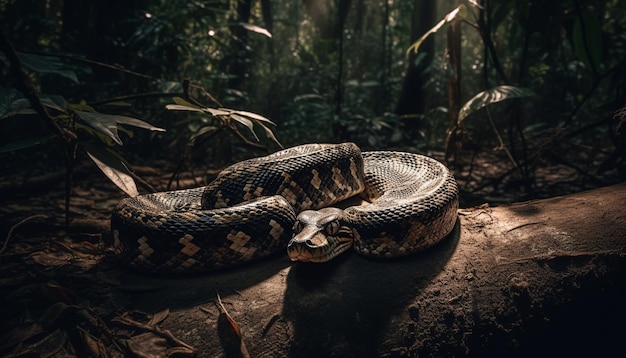 Spooky viper slithers on branch in forest generated by AI