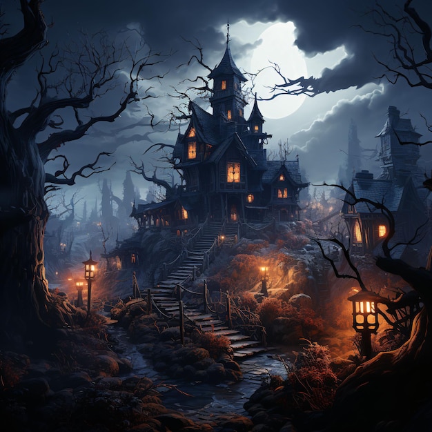 Spooky Witch House with Scary Trees and Moonlight Horror Halloween Background Generative AI