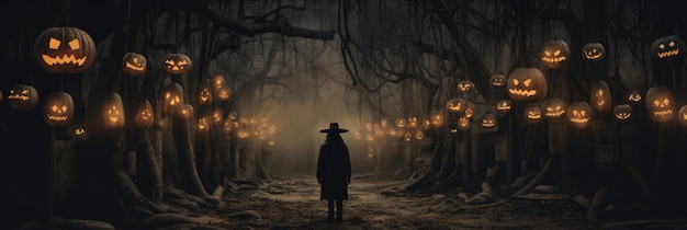 Страшная ведьма гуляет среди тыквы на Хэллоуин