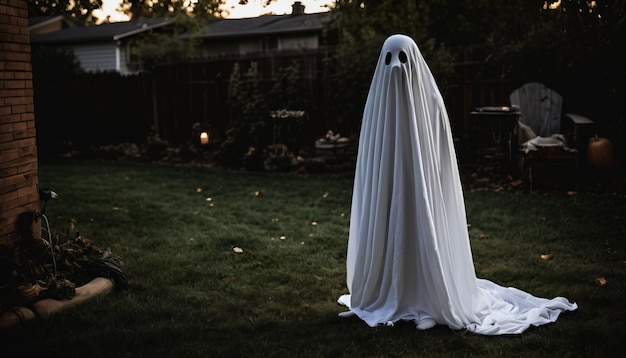 Spooky witte geest staande stall in het oude huis tuin ai gegenereerd