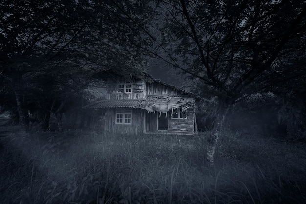 spooky wooden house at night time