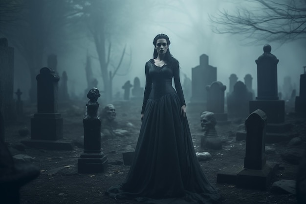 Spooky young woman vampire standing at misty graveyard Generative AI