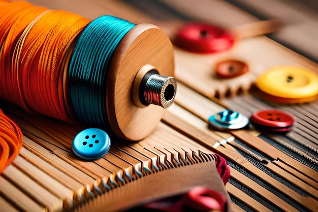 A spool of thread sits on a wooden sewing machine with a spool of thread on it.