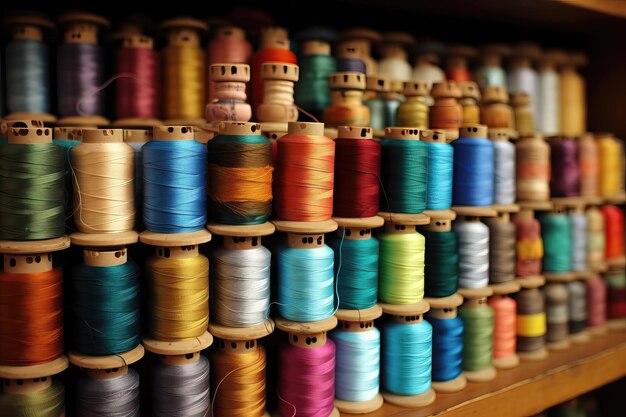 Spools of colored thread close up as a background