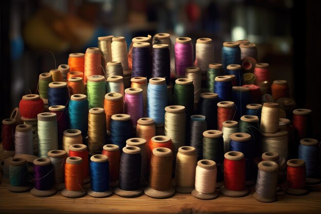 Spools of colored thread close up as a background