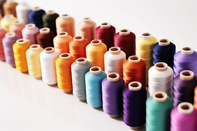 Spools of colored thread closeup on a white background