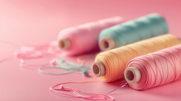 Шпули из красочных швейных нитей с иглами на розовой поверхности