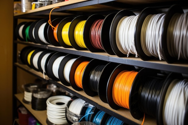 Spools of electrical wire on organized shelf