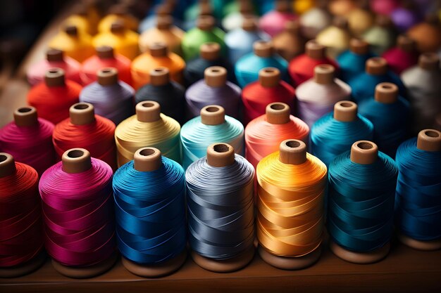 Spools of thread on the ground in different colors