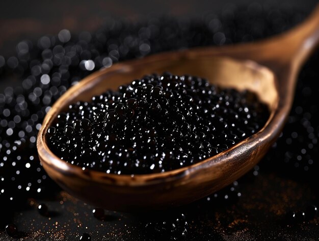 Spoon of black caviar