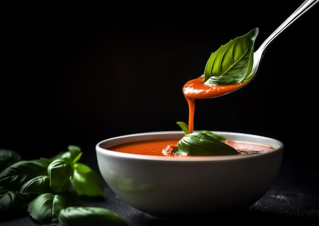 Photo spoon dipping into a bowl of gazpacho with a sprig of fresh basil next to it