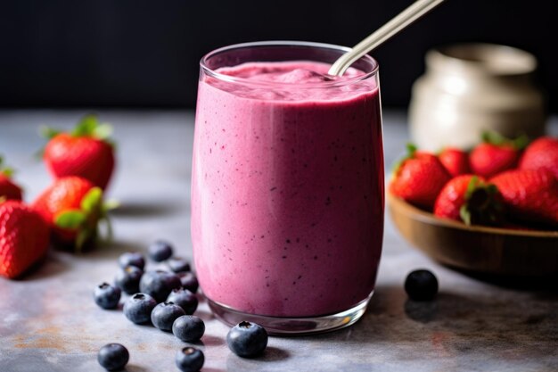 Spoon in a finished berry blend smoothie