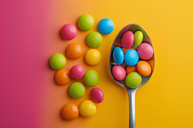 A spoon full of candy sitting next to a spoon of candy on a yellow and pink background with a spoon