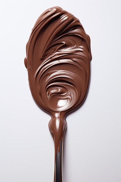 A spoon full of chocolate icing on a white background