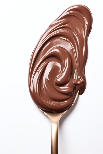 A spoon full of chocolate icing on a white background