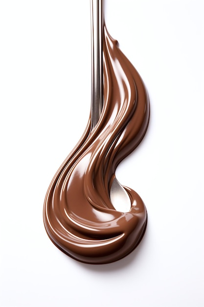 A spoon full of chocolate icing on a white background