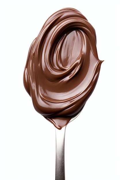 Photo a spoon full of chocolate icing on a white background