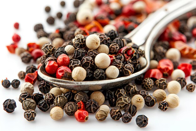 Photo a spoon full of peppercorn sitting on top of a pile of peppercorns