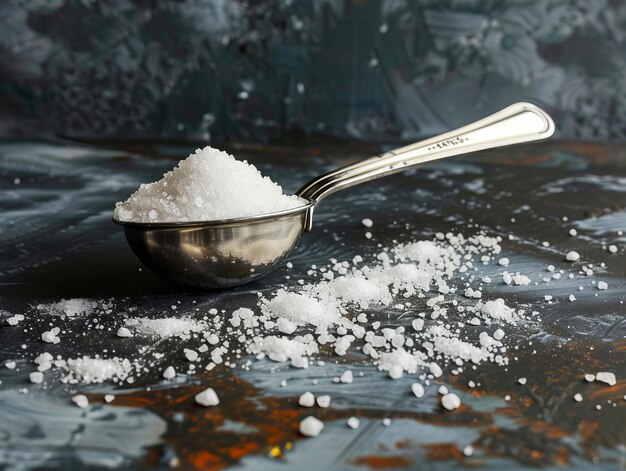 A spoon full of salt on a table