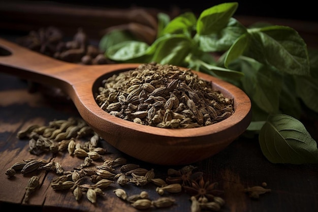 a spoon full of seeds and leaves on a table.