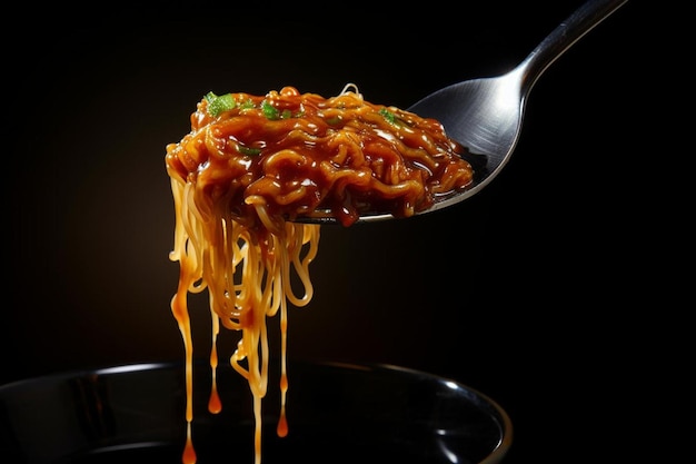 ложка, полная спагетти, поднимается из миски