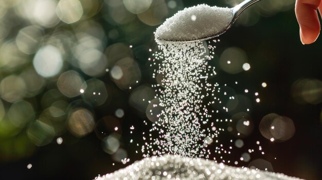 Photo a spoon full of sugar is being poured into a spoon