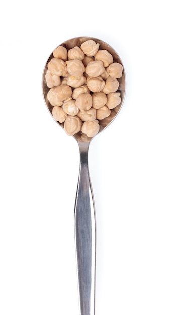 spoon of Garbanzo Dried Beans in sack isolated on white background