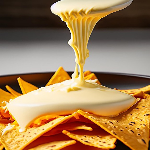 Spoon gesmolten kaas over knapperige nachos