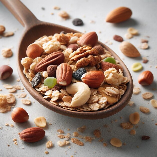 spoon of granola on a white background