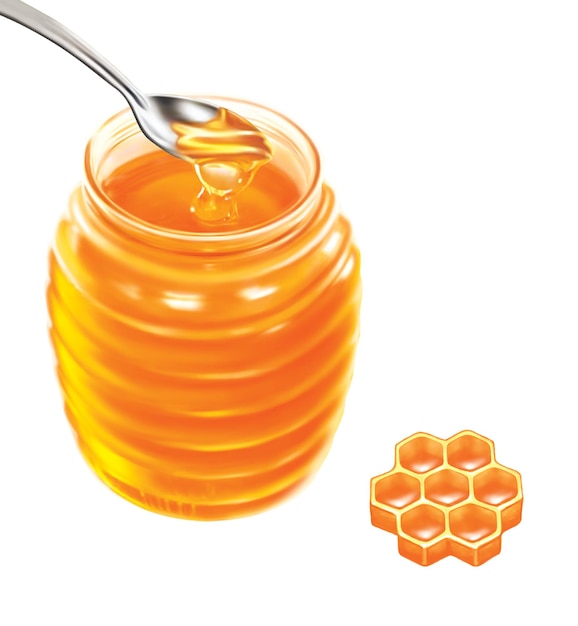 A spoon of honey is being poured into a jar with a spoon