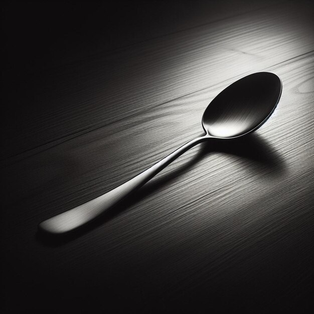 a spoon is laying on a wooden surface with the light shining on it