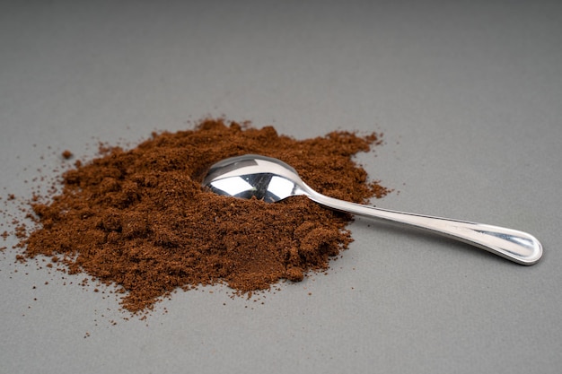 Spoon in a pile of ground coffee