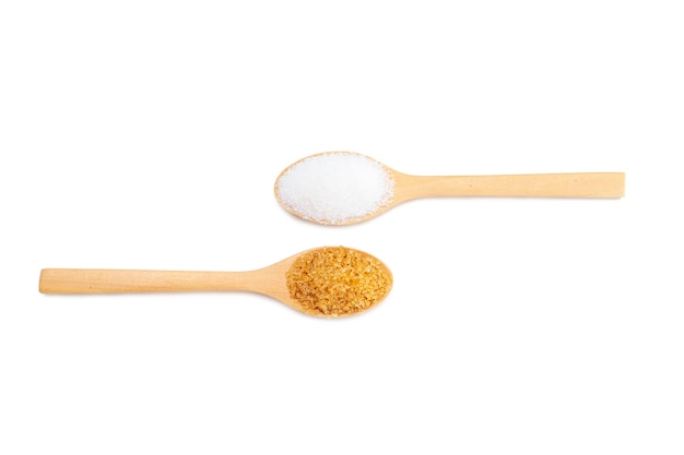 Spoon scoop brown sugar and white sugar Isolated on white background top view