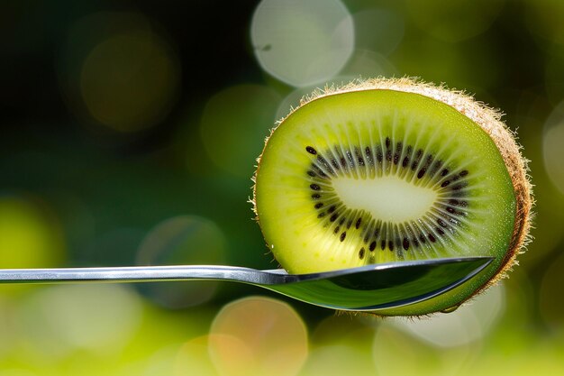 Photo a spoon scooping out the flesh of a ripe kiwi