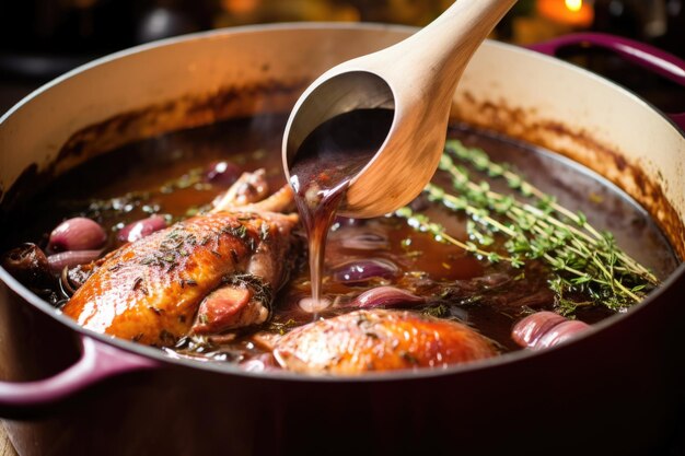 Foto cucchiaio mescolando il coq au vin bollente