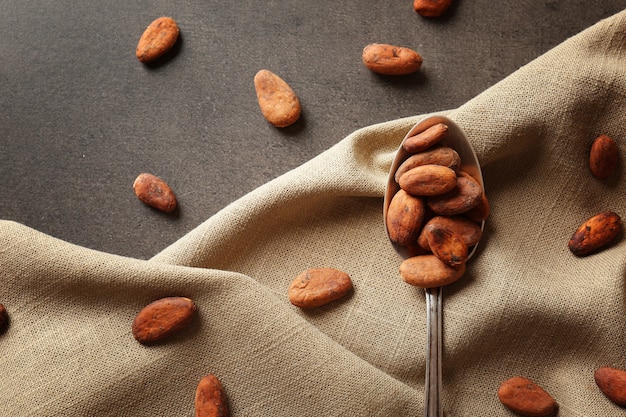 Spoon with aromatic cocoa beans on gray table