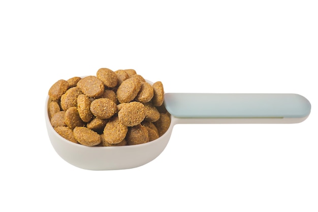 Spoon with dry feed for animals pets Cat or dog food balanced nutrition isolate on white