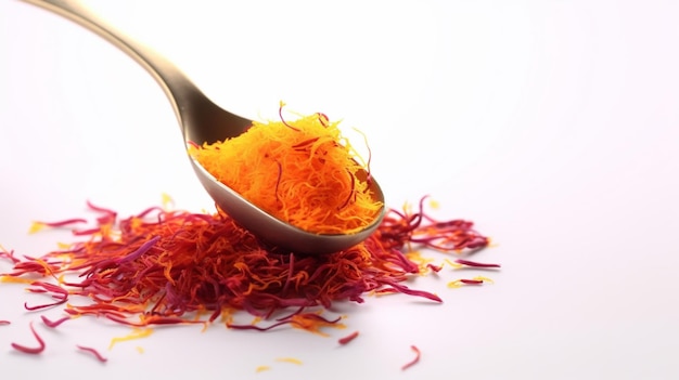 Spoon with pile of saffron on white background ai generative