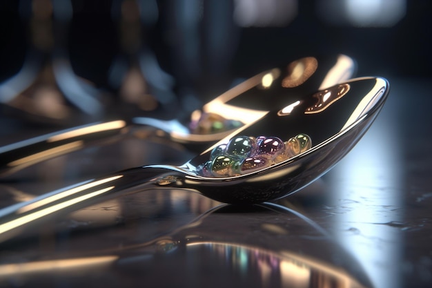 A spoon with a reflection of a glass on it