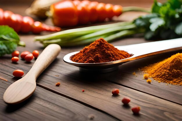 a spoon with spices on it and a spoon on the table.