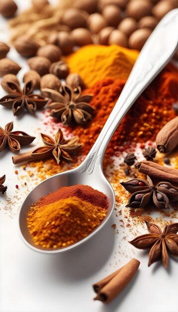 spoon with spices on a white background