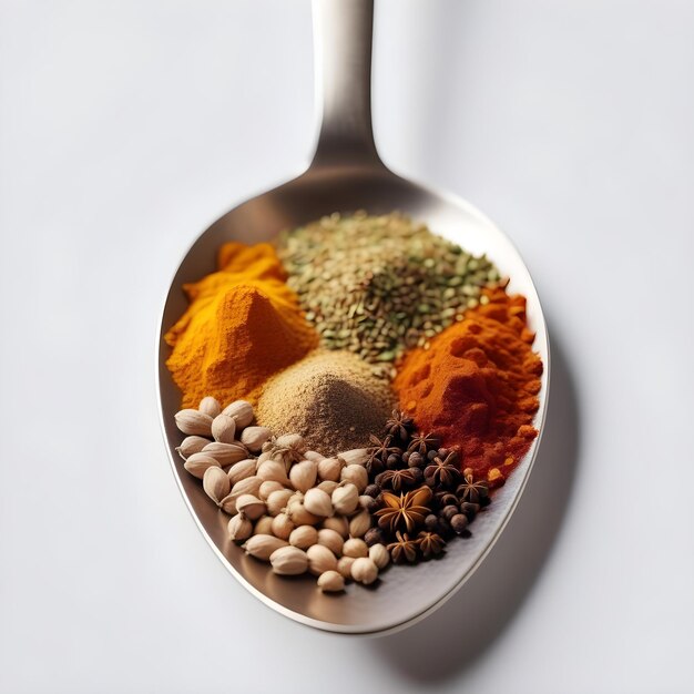 spoon with spices on a white background