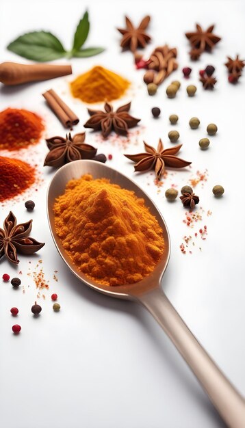 spoon with spices on a white background