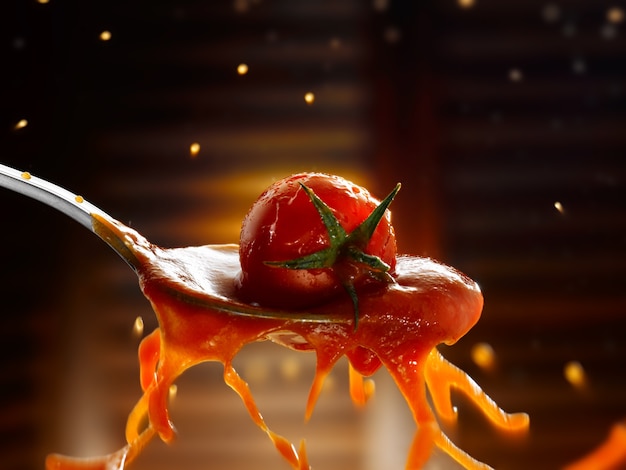 spoon with tomato sauce and cherry tomato