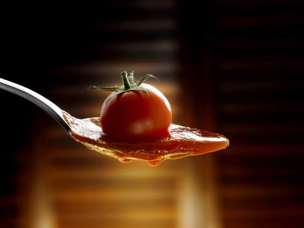 spoon with tomato sauce and cherry tomato