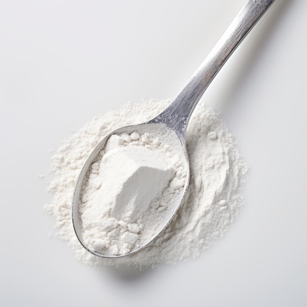 Spoon with whey protein powder on white background